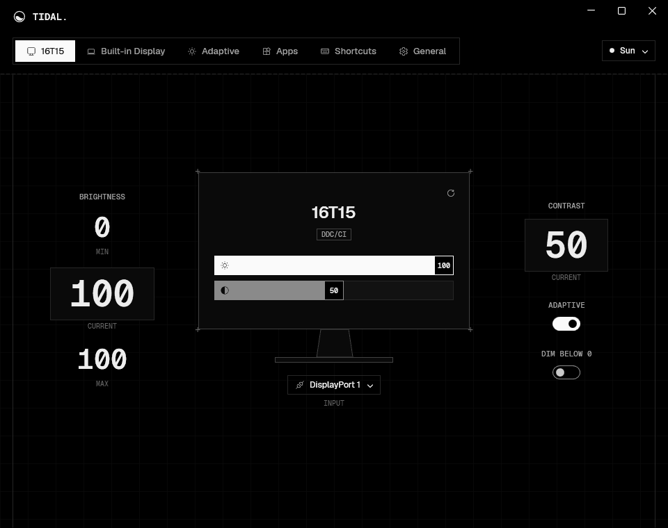 Tidal Settings for an external monitor: lowest, current and highest brightness, contrast and input around a drawing of the monitor